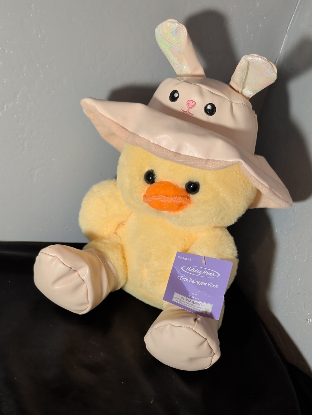 Yellow Chick Plush Toy with Pink Bunny Hat - Holding Home